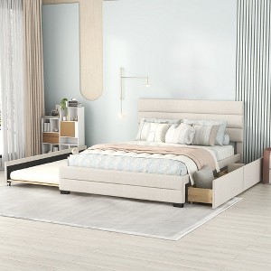 Queen Size Bed Frame with Twin Size Trundle, Upholstered Platform Bed Frame with Drawers, Linen Bed Frame with Headboard, Wood Slats Support - 1 of 4