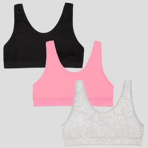 Fruit of the Loom Girls Seamless Stretch Sports Bra Pack Neon Pink/Black  Hue/Grey Heather L