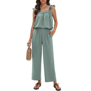EXLURA Womens Summer 2 Piece Sets Sleeveless Square Neck Tie-Back Cami Top Wide Leg Pants Matching Set Beach Vacation Outfits - 1 of 4