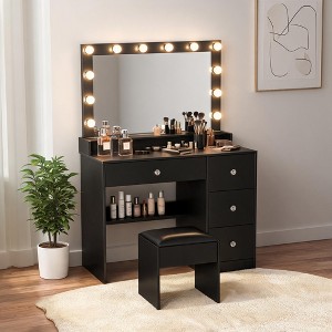 Black Modern 4-Drawer Bulb Vanity Table with Single Side Storage, MDF Makeup Vanity, Compact Contemporary Dressing Table for Bedroom : Target