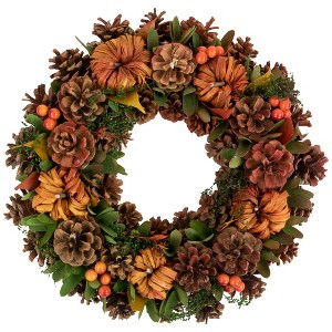 Northlight Orange and Green Fall Wreath With Pumpkins and Pinecones - 13.75 Inch, Unlit - 1 of 3