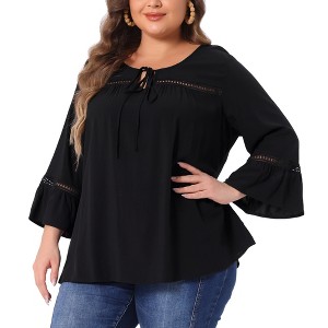 Agnes Orinda Women's Plus Size Holiday 3/4 Flare Sleeve Peasant Keyhole Tie Boho Blouse - 1 of 4