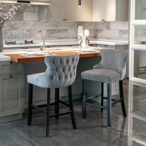 A&A Furniture,Contemporary Velvet Upholstered Wing-Back Barstools with Button Tufted Decoration and Wooden Legs,  Bar Chairs,Set of 2 - 1 of 4