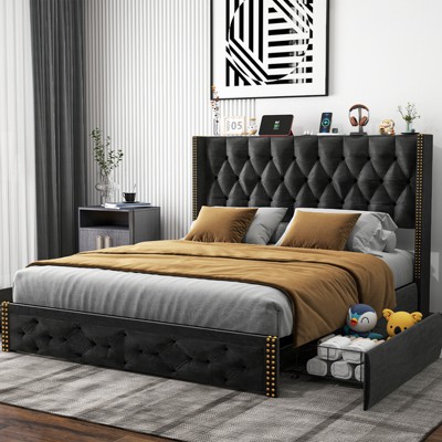 ORRD Queen Size Bed Frame with Wingback Headboard & Charging Station, Velvet Upholstered Platform Bed with 2 Storage Drawers