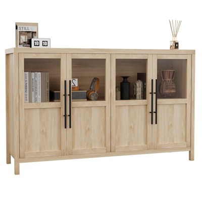 Sideboard Buffet Cabinet with 4 Glass Doors, 55" Large Buffet Cabinet with Storage, Modern Farmhouse Storage Cabinet Table