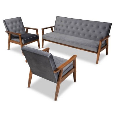 Sorrento Velvet Upholstered Wooden Living Room Set Navy Blue Brown Baxton Studio Target