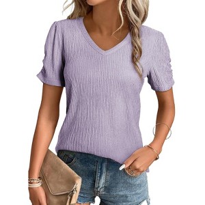 Clearlove Womens Casual V Neck T Shirts Blouses Short Sleeve Tops Summer Trendy Solid Color Textured Knit Tee Tunics - 1 of 4