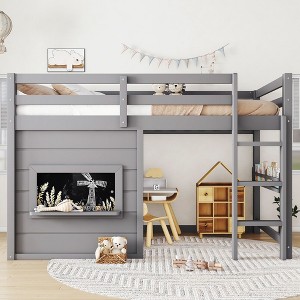 TUYOHW Kids Loft House Bed with Chalkboard,Twin/Full Wood Bed Frame with Play Space & Built-in Bookshelf,Pine Wood Cabin-Style Bunk for Boys,Girls - 1 of 4