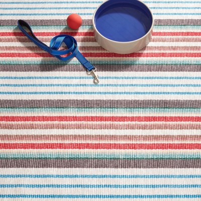 Red and Multicolor Striped Synthetic Washable Rectangular Rug