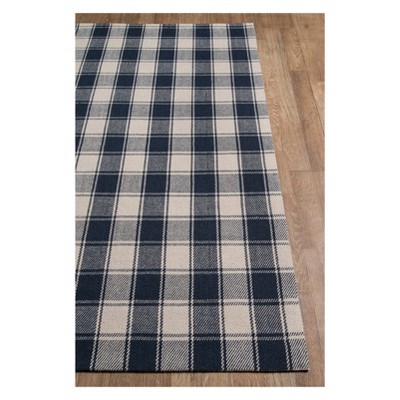 Navy and Ivory Plaid Wool Rectangular Area Rug