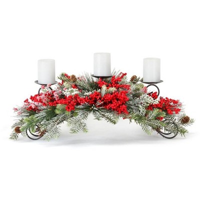 Frosted Pine and Mixed Berry Centerpiece Candle Holder 31"L