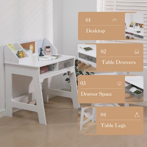 White Kids Study Desk with Adjustable Chair – Small Table Set (Hutch, Bulletin Board, 2 Open Drawers, 2 Pen Holders) - 1 of 4
