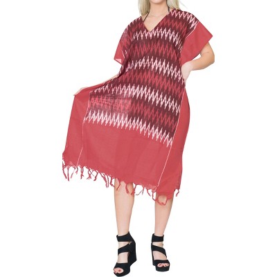 LA LEELA Women's House Daily Routine Evening Wear Holiday Casual Loungewear Dress Midi Kaftan Coverup Caftan Dresses for Women 2X-3X Red, Zig Zag