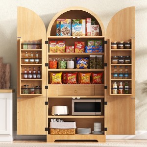 ORRD 72" Arched Kitchen Pantry Cabinet with Hidden Drawer, Fluted Doors, 3 Adjustable Shelves & 8 Door Racks, Natural - 1 of 4