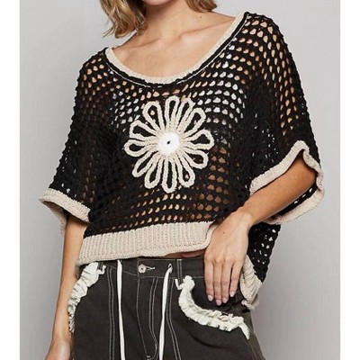 Women's Open Knit Daisy Crochet Sweater - POL