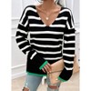 Women's V-Neck Striped Sweater Color Block Knit Top Long Sleeve Side Slit Pullover Top - 2 of 4