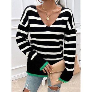 Women's V-Neck Striped Sweater Long Sleeve Top Casual Pullover Sweater with Side Slits - 1 of 4