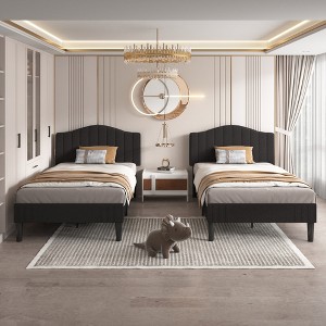 VECELO Bed Frame, Upholstered Platform Bed with Soft Teddy Fabric Adjustable Headboard, Beige/Gray - 1 of 4