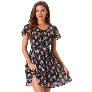 Allegra K Women's Floral Printed Flare Short Sleeve Lace-up V Neck A-Line Chiffon Dress - 1 of 4