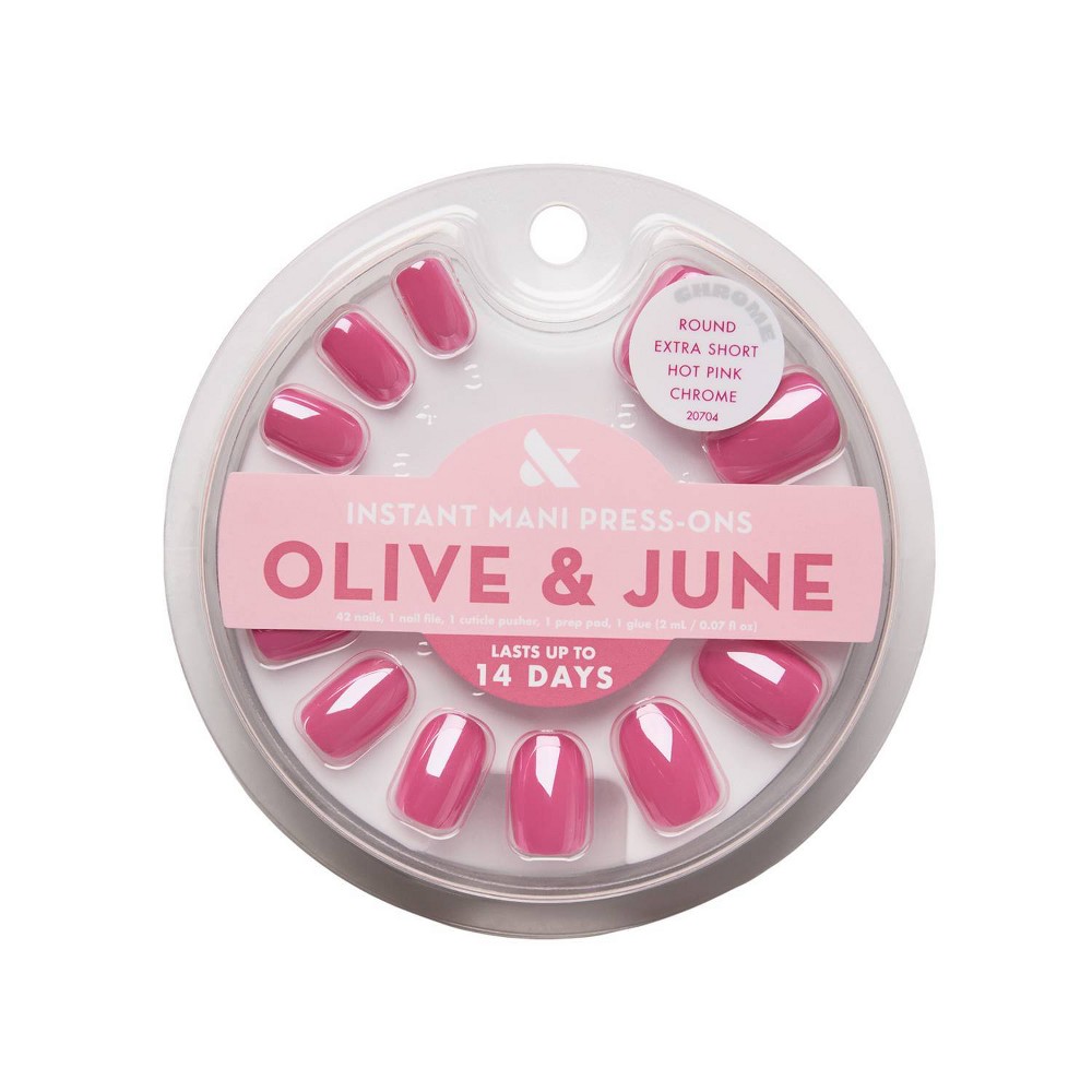 Photos - Manicure & Pedicure Tools Olive & June Press-On Fake Nails - XS Round - Hot Pink Chrome - 42ct