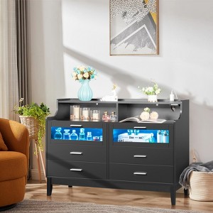 KTMBDW Black Wood Tempered Glass Drawer Dresser with LED Light Strips & Charging Station & USB Ports Bed Table - 1 of 4