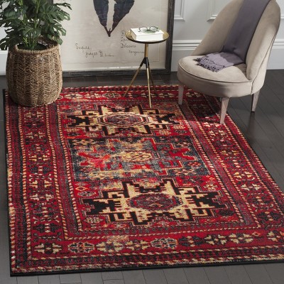 Vintage Hamadan Red Multicolor Synthetic 6'7" x 9' Area Rug