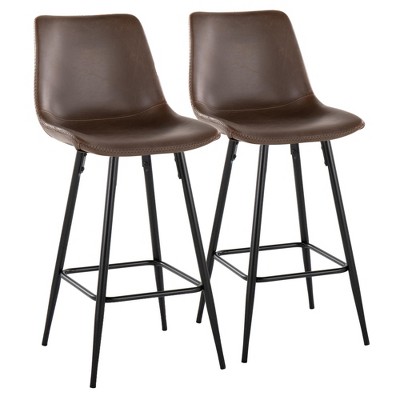26" Faux Leather & Metal Industrial Fixed-Height Counter Stool (Set of 2) with Zig-Zag Stitching and Square Footrest for Dining
