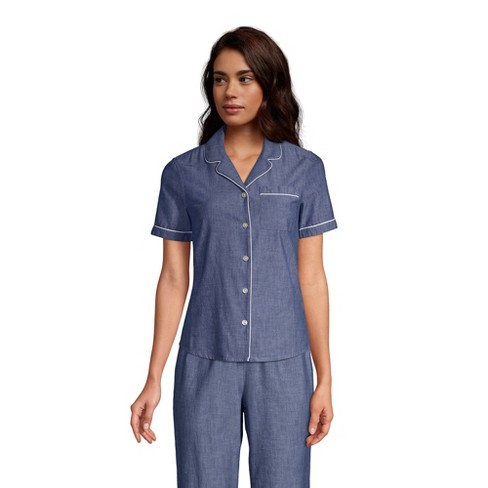 Lands' End Women's Petite Short Sleeve Cotton Poplin Pajama Shirt - X-small  - Medium Indigo Chambray : Target
