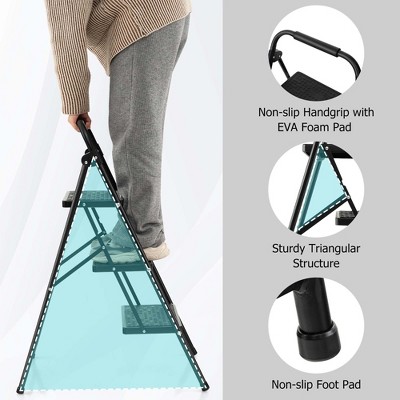 Black Metal Folding 3-Step Ladder with Anti-Slip Pedals