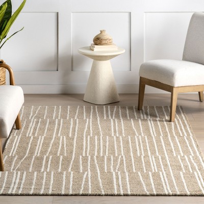 Beige and White Striped Wool 4' x 6' Area Rug
