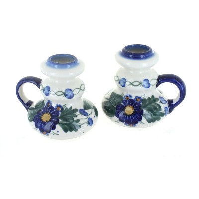 Blue Rose Polish Pottery Forget Me Not Candleholder Pair
