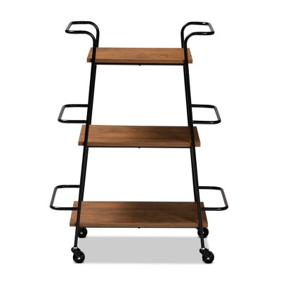 Small Bernard Rustic Industrial Metal and Wood 3 Tier Mobile Wine Bar Cart Black/Walnut - Baxton Studio