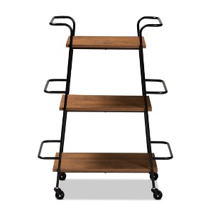 Small Bernard Rustic Industrial Metal and Wood 3 Tier Mobile Wine Bar Cart Black/Walnut - Baxton Studio - 1 of 4
