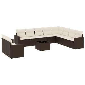 vidaXL 11 Piece Patio Sofa Set with Cushions Brown Poly Rattan - Brown and cream With table - 1 of 4