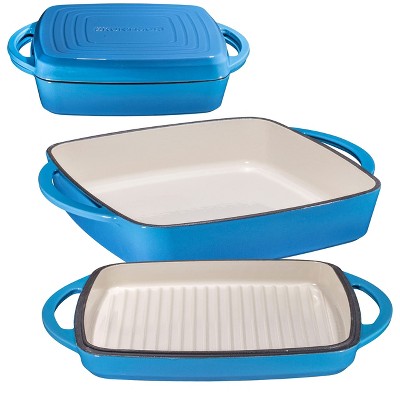 Blue Enameled Cast Iron 2-in-1 Casserole Dish with Grill Lid