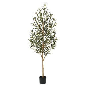 Artificial Olive Tree with Wood Trunk, 5/6/7ft Pencil Faux Olive Trees - UV Resistant Floor Plants for Home Decor - Living Room, Entryway, Foyer - 1 of 4