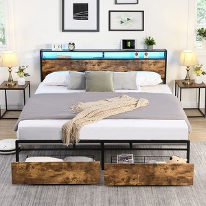 NicBex Bed Frame with LED Lights,2 Drawers and Charging Station for Adults,Boys,Girls,Brown - 1 of 4