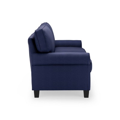 Navy Blue Leather Rolled Arm Sofa with Pillow Back