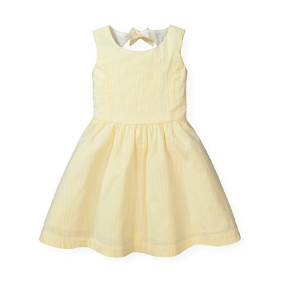 Hope & Henry Baby Girls' Sleeveless Fit and Flare Open Back Dress, Yellow Seersucker, 6-12 Months