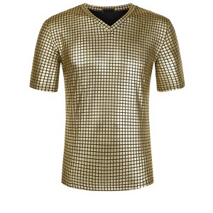 Lars Amadeus Men's Metallic Shiny Nightclub V-Neck Short Sleeve Disco T-Shirt - 1 of 4
