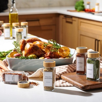 Clear Glass Spice Jars with Bamboo Lids and Labels Set