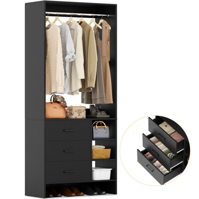 Aheaplus 30'' Freestanding Closet Organizer with Hanging Rods and Drawers, Closet System with Storage Shelves