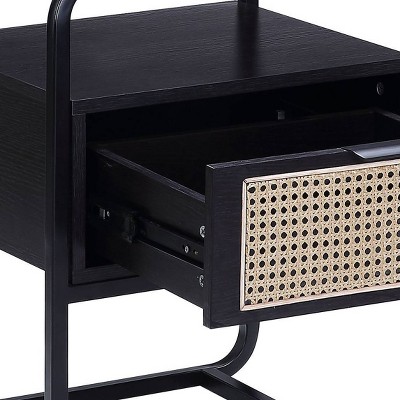 Black Metal and Wood Accent Table with Rattan Drawer