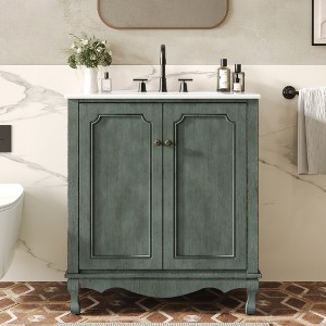 Lyngins Vintage Bathroom Vanity with Sink, Bathroom Storage Cabinet,Farmhouse Bathroom Vanity Cabinet with Ceramic Basin & Adjustable Shelves - 1 of 4