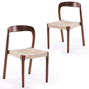 Grungis Modern Stackable Dining Chairs with Lumbar Support,Wooden Dining Chairs with Woven Cushion,Rattan Dining Chair for Kitchen,Set of 2,Brown - 1 of 4