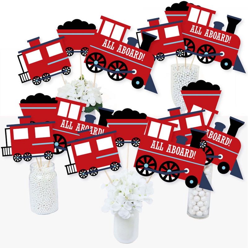 Big Dot of Happiness Railroad Party Crossing - Steam Train Birthday Party or Baby Shower Centerpiece Sticks - Table Toppers - Set of 15, 2 of 8