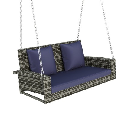 DSVIMOY 2-Person Hanging Porch Swing with Chains, Cushion, Pillow, Swing Bench for Garden, Backyard, Pond, Gray&Blue, 50"*22.4"*20.5"