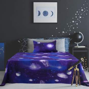 PiccoCasa Galaxy Print Bed Sheets Set with 2 Pillow Cases 3 Pieces Twin Purple