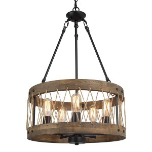 LNC Laius 18-in Drum Chandelier,  5-Light Matte Black and Brown Wood, Modern Farmhouse - 1 of 4