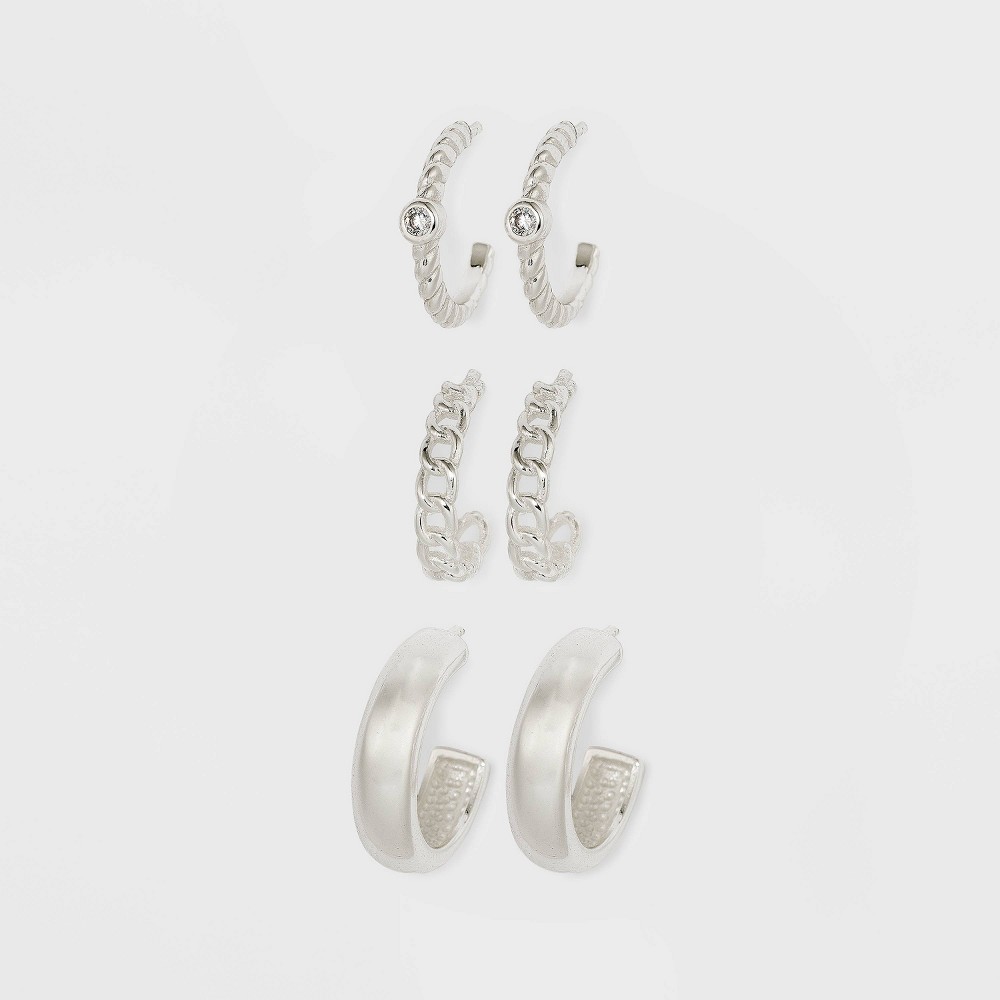 Photos - Earrings Sterling Cubic Zirconia Hoop Drop Earring Set 3pc - A New Day™